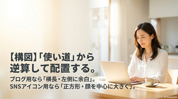 構図とは、画像の中で主役や背景をどのように配置するかです。  構図を指定すると、用途に合った画像を作りやすくなります。