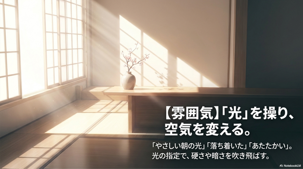 AIアートでは、雰囲気の言葉がとても大切です。  同じテーマでも、「やさしい」「神秘的」「かっこいい」「レトロ」などで作品の印象が変わります。