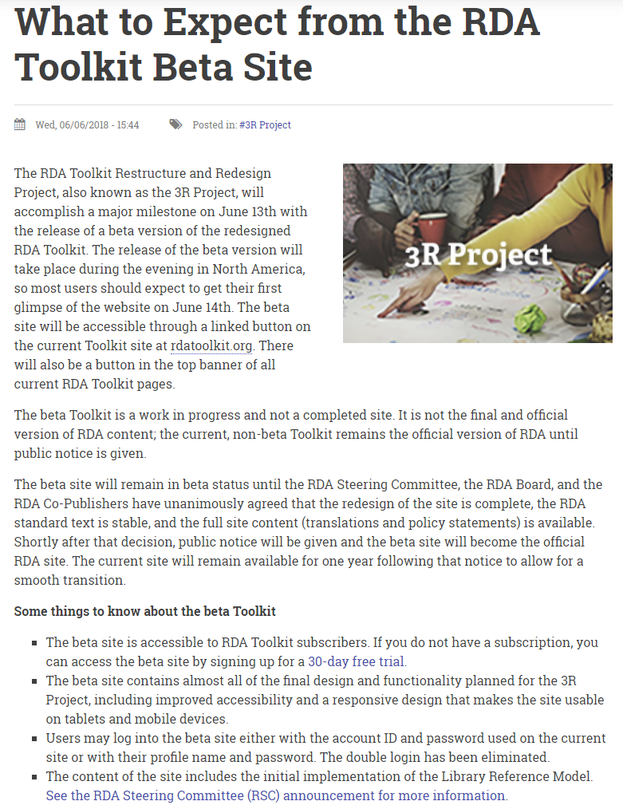 Blogbeitrag "What to expect from the RDA Toolkit beta site" (Ausschnitt)