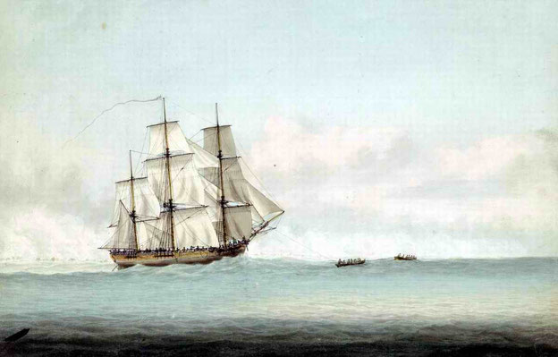 Gemälde von Samuel Atkins (1787-1808) der »HMS Endeavour« vor der Küste von Neuholland während Cooks Entdeckungsreise 1768-1771