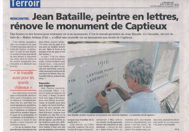 Jean Bataille, Peintre en Lettres rénove le monument aux morts de Captieux
