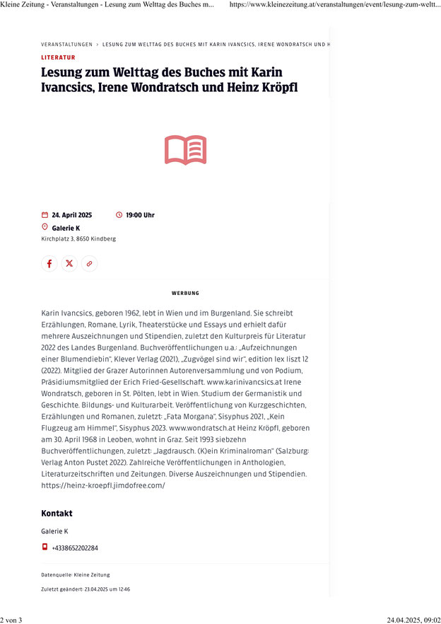 Literatur Lesung zum Welttag des Buches mit Karin Ivancsics, Irene Wondratsch und Heinz Kröpfl 24. April 2025 19:00 Uhr Galerie K Kirchplatz 3, 8650 Kindberg
