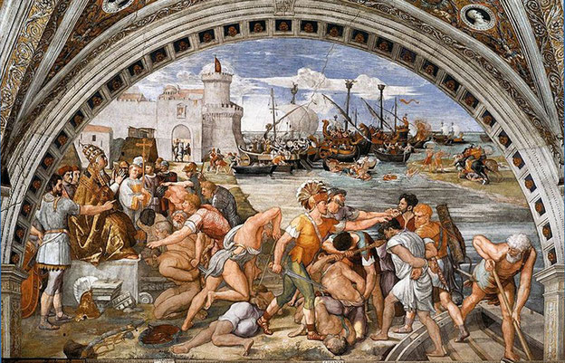RAFFAELLO (bottega), La battaglia di Ostia (1514-1515), che vide contrapposte le navi della "Lega Campana", benedette dal papa Leone IV, e la flotta saracena rimasta sconfitta (estate 849)