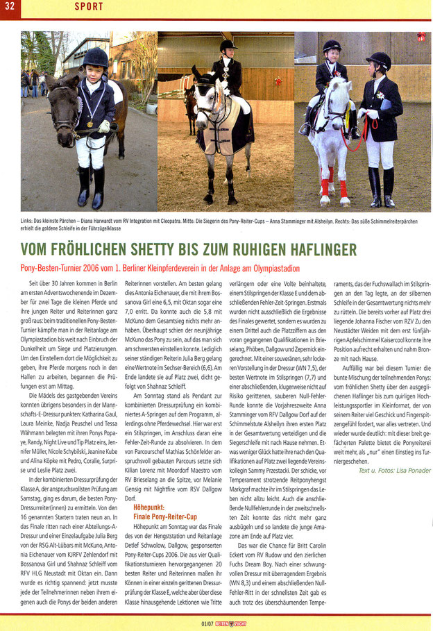Der RVI beim Pony-Besten-Turnier 2006, dieser Artikel erschien in der 01/2007 Ausgabe von "Reiten und Zucht"