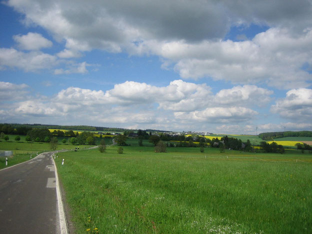 Blick auf Hasselbach und Spesenroth auf der Kuppe im Hintergrund