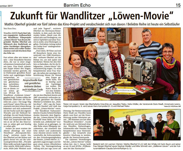 Zeitungsartikel zum neuen Löwen-Movie-Verein in Wandlitz