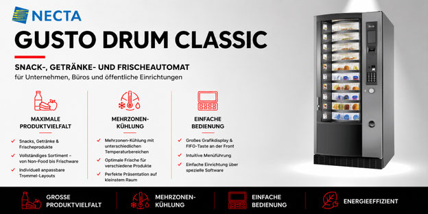 Necta Gusto Drum Classic Frische-, Snack- und Getränkeautomat mit Mehrzonen-Kühlung