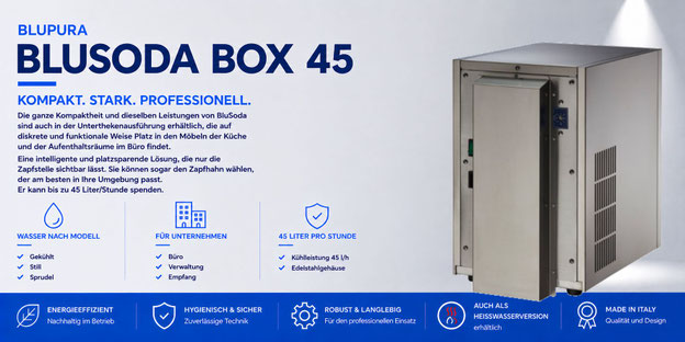 Untertisch-Wasserspender Blupura Blusoda Box 45 für Büros, Teeküchen und moderne Arbeitsbereiche.