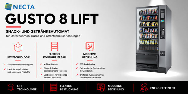 Necta Gusto 8 Lift Snack- und Getränkeautomat mit Lift-Technologie für sichere Produktausgabe