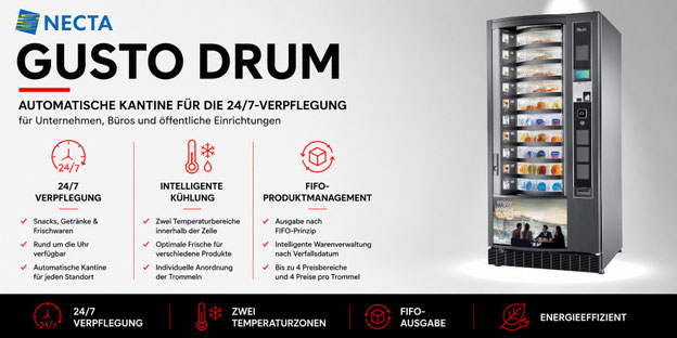 Necta Gusto Drum Frische-, Snack- und Getränkeautomat mit FIFO-Produktmanagement