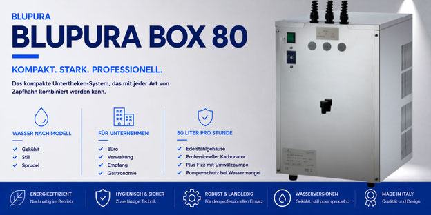 Blupura Box 80 Untertisch-Wasserspender mit Edelstahlgehäuse und professionellem Karbonator.