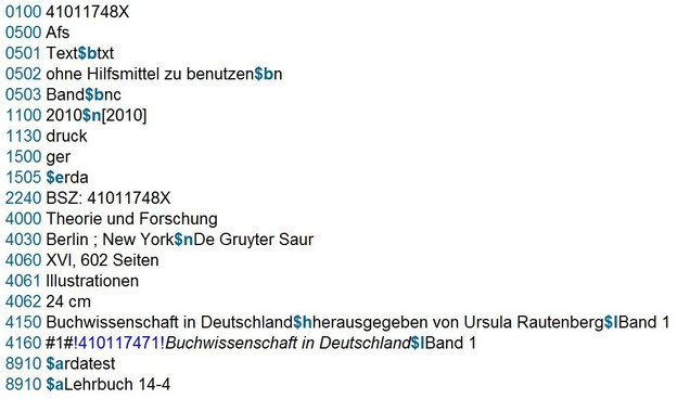 Screenshot einer untergeordneten Aufnahme für einen Teil mit abhängigem Titel in der RDA-Testdatenbank des SWB