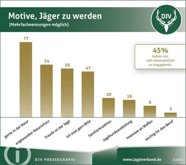 Hauptgründe für die Jagd: Angehende Jägerinnen und Jäger geben an, "gern in der Natur" zu sein und "angewandten Naturschutz" betreiben zu wollen. Quelle: Deutscher Jagdverband