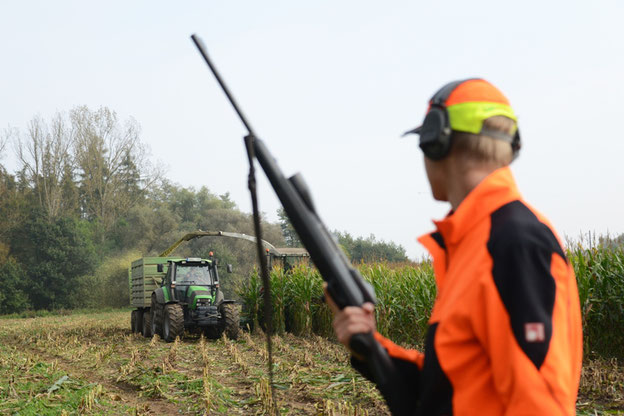 Sicherheit bei der Erntejagd fängt bei der Signalkleidung an. Quelle: Kauer/DJV