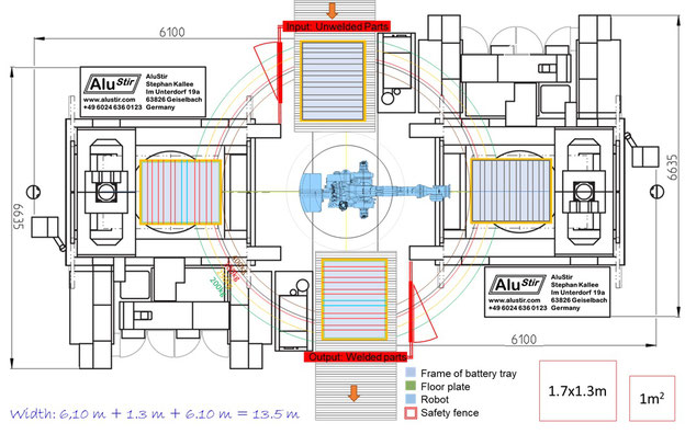 Welding cell with two friction stir welding machines and one robot for making battery trays