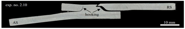 Stationary Shoulder Friction Stir Additive Manufacturing (SSFSAM): Bruchbild einer Scherprobe ohne Hohlräume aber mit innerer Verformung (Hooking)