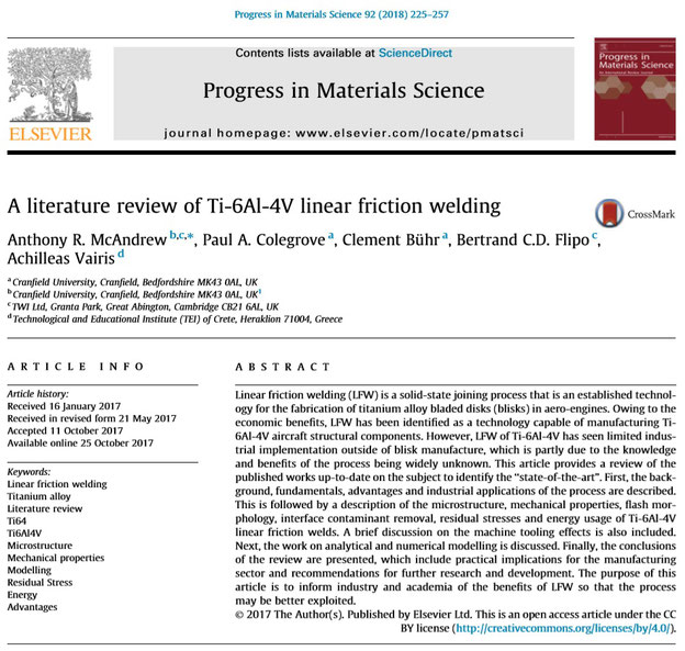 Anthony R. McAndrew, Paul A. Colegrove, Clement Bühr, Bertrand C. D. Flipo and Achilleas Vairis: A literature review of Ti-6Al-4V linear friction welding