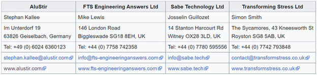 Stephan Kallee, AluStir, www.alustir.com -- Mike Lewis, FTS Engineering Answers Ltd,  www.fts-engineeringanswers.com -- Josselin Guillozet, Sabe Technology Ltd,  www.sabe.tech -- Simon Smith, Transforming Stress Ltd, www.transformstress.co.uk