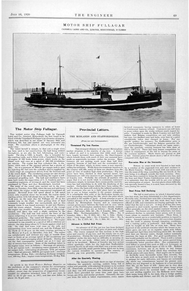 Fullagar, the world's first fully welded ship, as shown in The Engineer, 16 July 1920