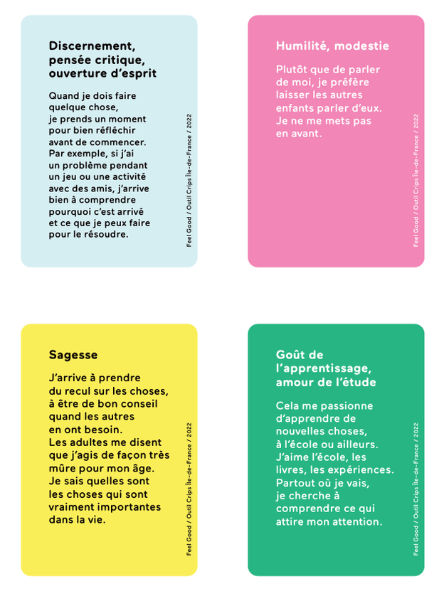 Cartes des forces et des valeurs. Compétences psychosociales. CPS. Empathie. Connaissance de soi. Conscience de soi. PDF gratuit. Psychologie positive. Modèle VIA. Values In Action. CRIPS Ile-de-France