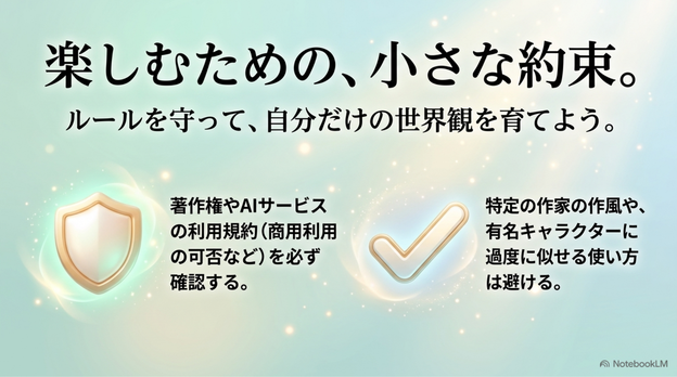 AIアートを安心して楽しむためには、  著作権や利用規約への配慮が必要です。
