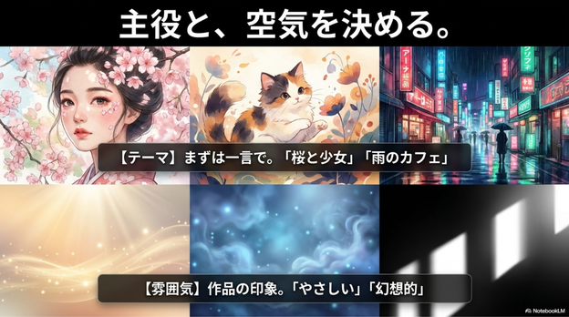 AIアートのプロンプトは、次の順番で作ると分かりやすいです。  テーマを決める 主役を決める 背景を決める 雰囲気を決める 画風を決める 色や光を決める 用途に合わせて調整する