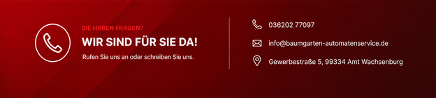 Kontaktformular Baumgarten Automatenservice in 99334 Amt Wachsenburg. Ansprechpartner für Kaffeeautomaten, Snackautomaten, Kaltgetränkeautomaten, Foodautomaten und Wasserspender in Thüringen. Telefon 036202 77097.