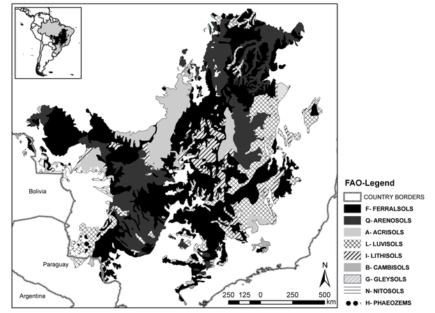 Distribution of the main soil types in the Cerrado region (data source soil map FAO 2003)