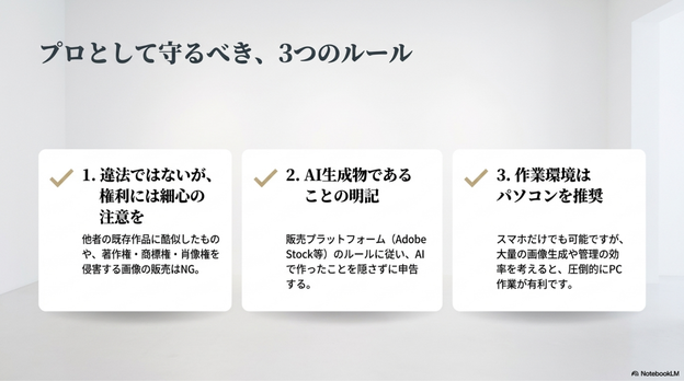 Q. AI画像販売は違法ですか？ 違法ではありません。ただし著作権や商標権、肖像権に注意する必要があります。    Q. AI画像販売は初心者でもできますか？ 可能です。現在はAIツールの進化により、絵が描けなくても作品制作ができます。    Q. Adobe StockでAI画像は販売できますか？ 販売できます。生成AIコンテンツとして申告する必要があります。    Q. AI画像販売はどれくらい稼げますか？ 販売数やジャンルによって異なります。まずは販売実績を積むことが大切です。   