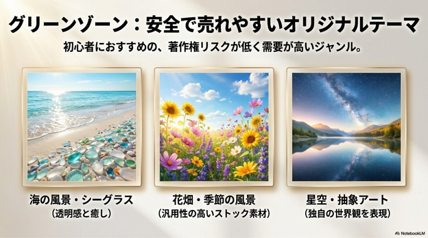 私が実際にAI画像販売を学ぶ中でも、  こうしたテーマは販売用途との相性が良いと感じています。
