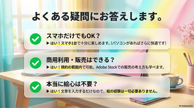AIアート講座は本当に無料ですか？ はい。無料で受講できます。まずはAIアートを体験していただくために公開しています。