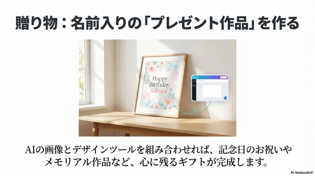 AIアートスクールでは、  名前入り作品やプレゼント作品の作り方を学べることがあります。