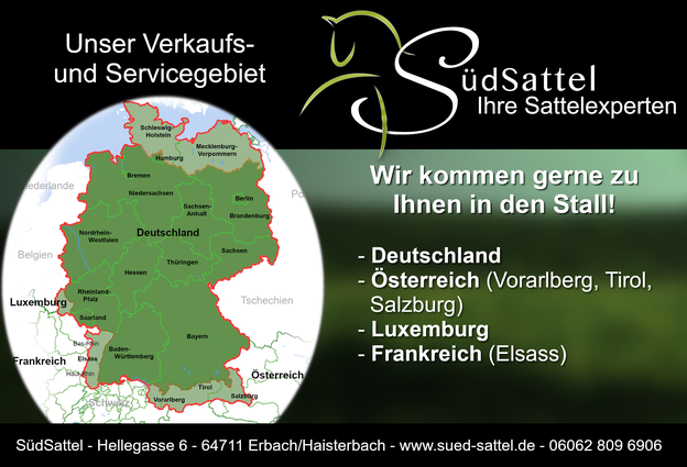 Verkaufs- und Servicegebiet von SüdSattel. Dunkelgrün zeigt unser Kerngebiet, hellgrün weniger häufig besuchte Regionen.