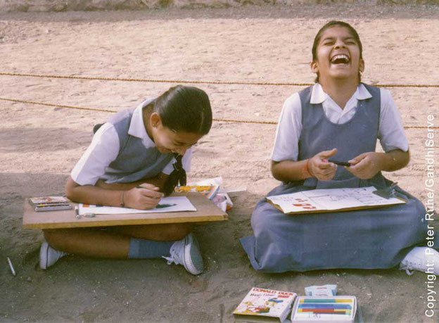 Participants of the drawing competitiion "Mahatma Gandhi - As I see him" in Rajkot, Gujarat, India.