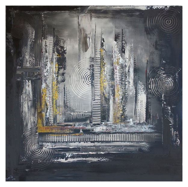 Schwarz grau Ocker abstraktes Kunstbild Malerei Gemälde Unikat 100x100