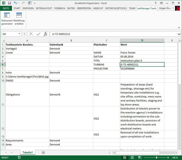 Excel-Tabelle mit der Word-Dokumentenstruktur