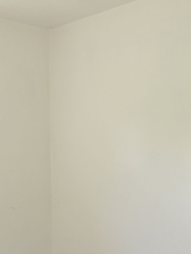 Helle, matte Wand mit Lehmfarbe Marmorweiß in einem ruhigen Innenraum