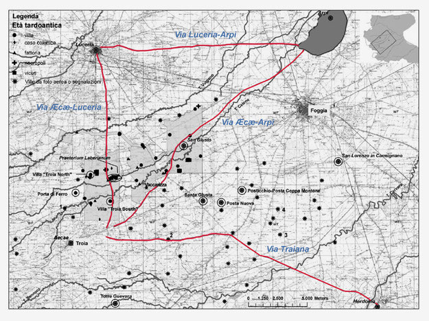 Il territorio della Valle del Celone all’interno della Daunia romana e tardoantica, con i più rilevanti centri antichi e la viabilità principale [da Volpe, Paesaggi e insediamenti rurali nel comprensorio del Celone…, Bari 2006; elab. P. Miscione]