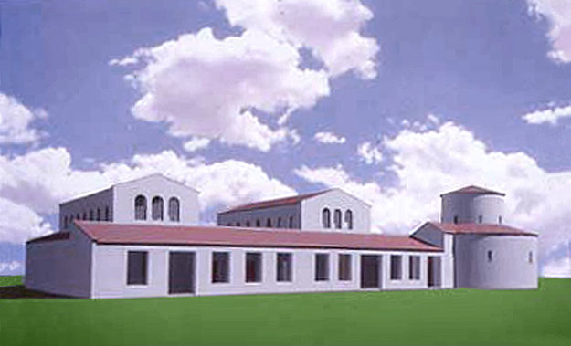 Ricostruzione tridimensionale della veduta prospettica del complesso [dal sito web dell’area di archeologia del Dipartimento di Scienze Umane dell’Università di Foggia; www.archeologia.unifg.it]