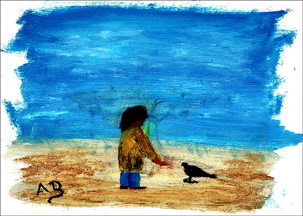 Fgurales Ölgemälde-Junge füttert Vogel-Blauer Himmel, grüne Wiese, kleiner Junge und Vogel.