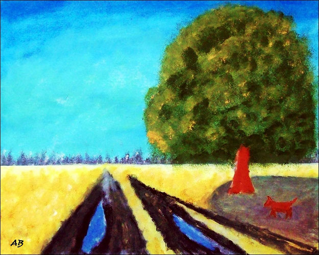 Landschaft-Felder-Sommer-Ölmalerei-Bäume-Weg-Wasser-Baum-Hund-Landschaftsmalerei-Ölbild-Ölgemälde