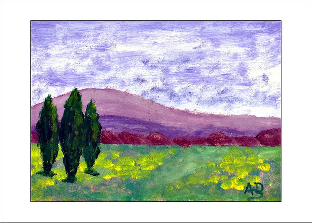 Hügellandschaft mit blau, weißem Himmel, Hügelkette und Baumreihen im Hintergrund. Blümenwiese und Bäumen im Vordergrund. Ölgemälde.