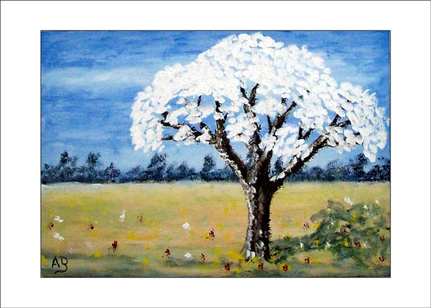 Frühlingslandschaft-Ölmalerei-Landschaft-Feld-Bäume-Baum-Blüten-Blumen-Ölbild-Ölgemälde