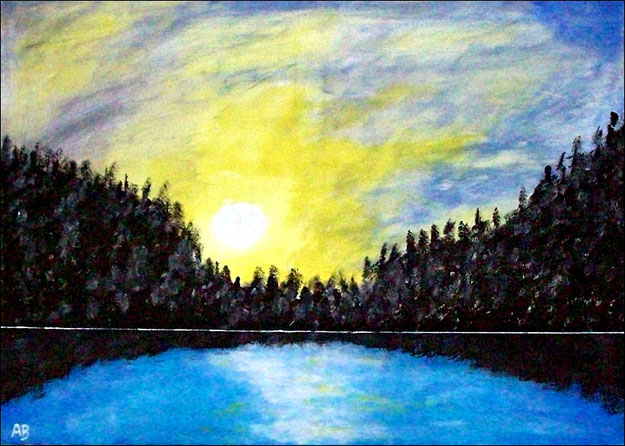 Sonnenuntergang-See-Acrylmalerei-Himmel-Sonne-Wolken-Bäume-Wald-Spiegelung-Acrylbild-Landschaftsmalerei-Acrylgemälde