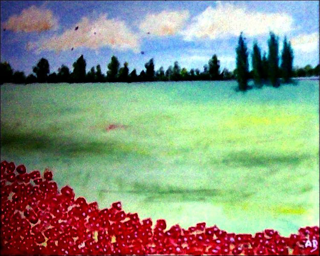 Landschaft-Weizenfeld-Ölmalerei-Wald-Bäume-Blumen-Sommer-Feld-Ölbild-Ölgemälde