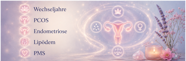 Bild mit Gebärmutter und Eierstöcken dazu Wörter wie Wechseljahre, PCOS, Endometriose, Lipödem, PMS