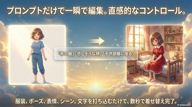 「悲しそうな顔」 「子供部屋に座る」  など、 プロンプトだけで雰囲気まで変えられます。