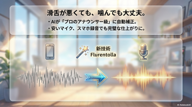 この技術があるため、  スマホの簡易録音や、  多少噛んでしまったデータでも、  AIが自動的に完璧なテイクへと仕上げてくれます。