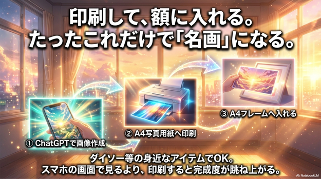 ダイソーのA4写真用紙とA4フレームを使えば、低コストで完成します。