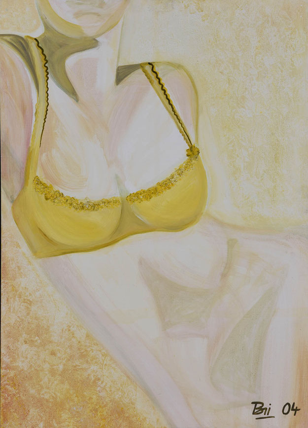 BH fraontal in Gelb gehalten mit verschwommenem Frauenkörper ansonsten nackt